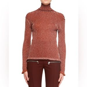 Chloe - Lurex Rib Turtleneck Knit Sweater Top in Metallic Red XS